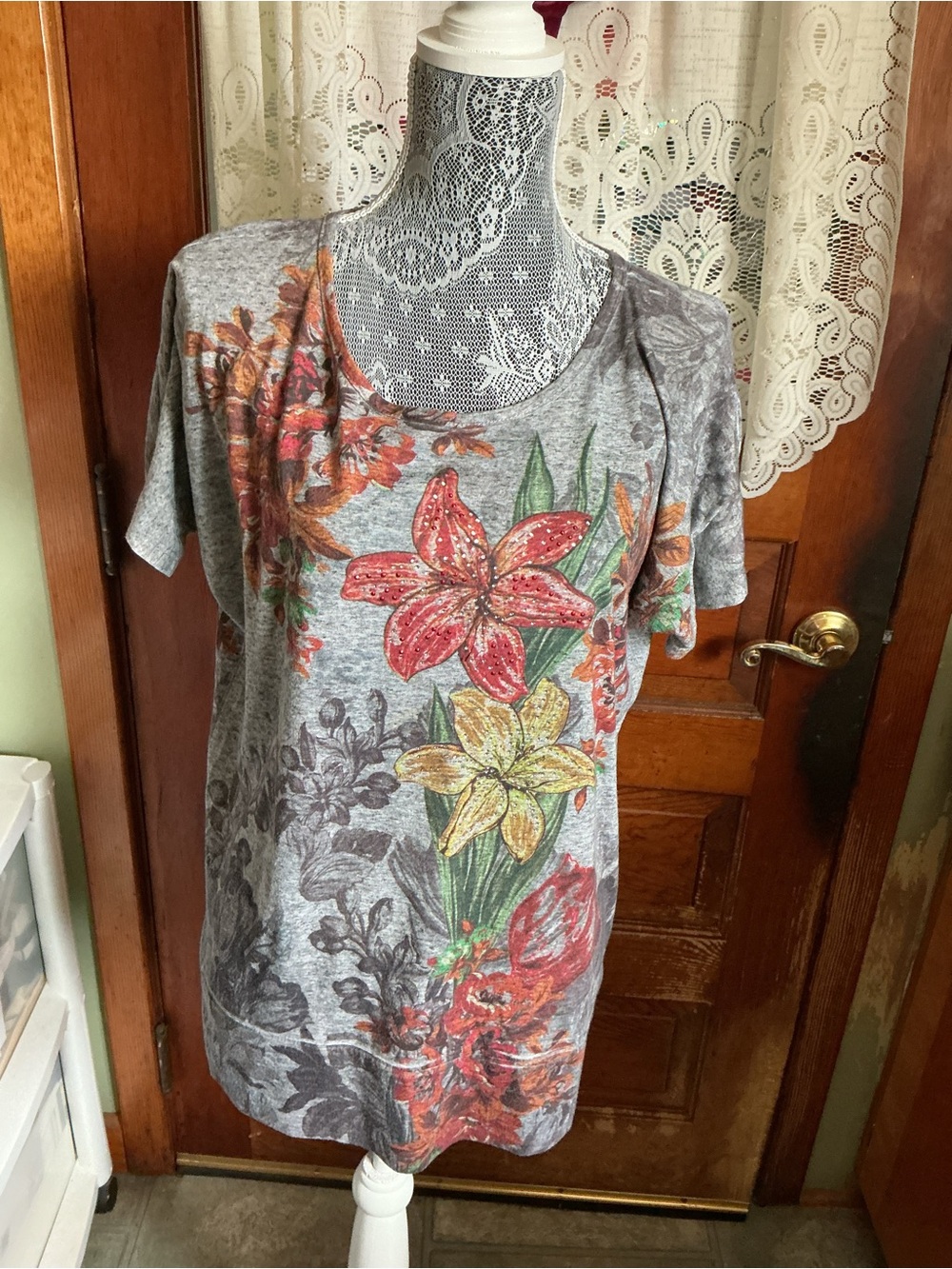 CJ Banks Gray Short-Sleeve Tee with Red & Yellow Floral Print